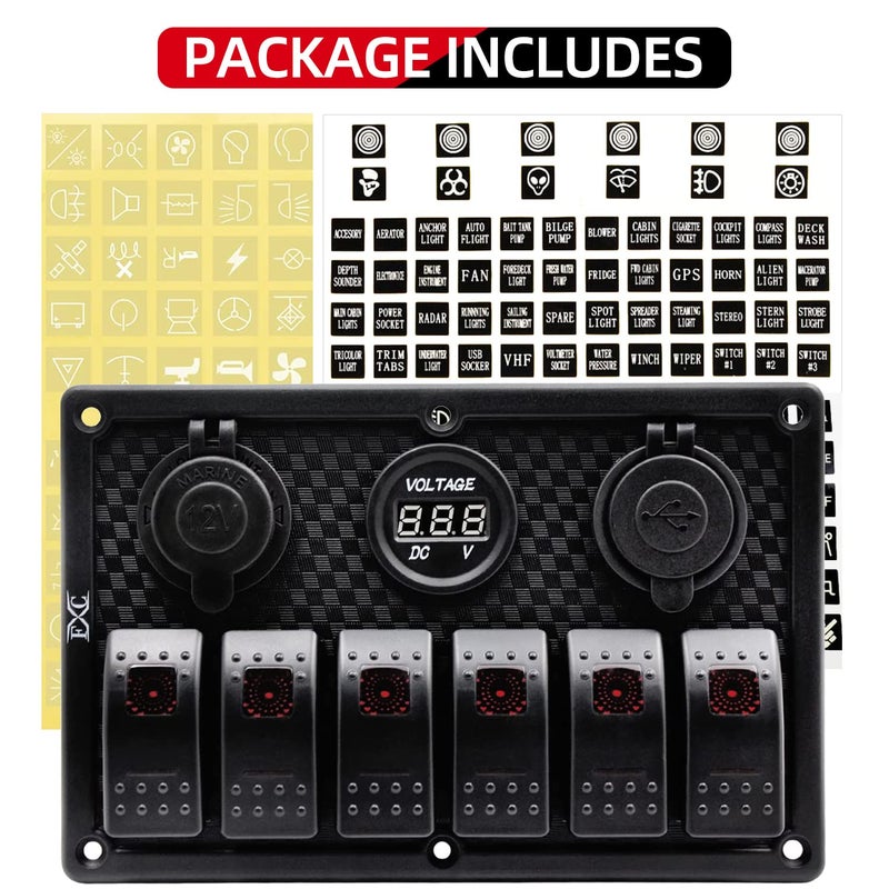 FXC Waterproof Marine Boat Rocker Switch Panel 6 Gang with Dual USB Slot Socket + Cigarette Lighter + Digital Voltage Display LED Light for Car Rv Vehicles Truck (6 Gang Red Light) - Image 3